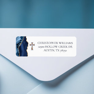 Christian Cross Blue Gold Agate Return Address