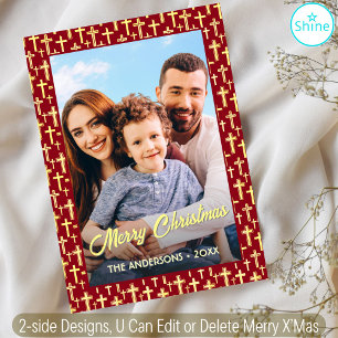 Christian Cross Custom Photo Script Christmas Red Holiday Card