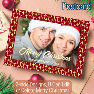 Christian Cross Custom Photo Script Christmas Red Holiday Postcard