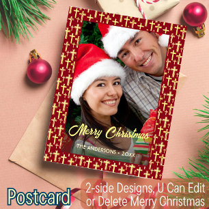 Christian Cross Custom Photo Script Red Christmas Holiday Postcard