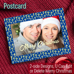 Christian Cross Elegant Script Navy Blue Christmas Holiday Postcard
