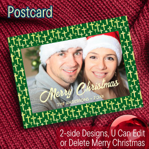 Christian Cross Elegant Script Photo Christmas Holiday Postcard