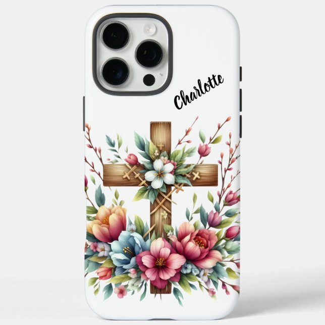 Christian Cross Encircled Artistic Spring Flowers Case-Mate iPhone Case (Back)