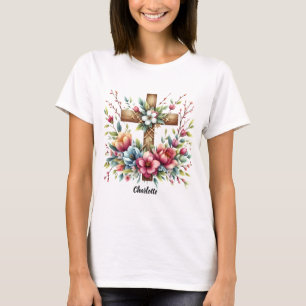 Christian Cross Encircled Artistic Spring Flowers T-Shirt