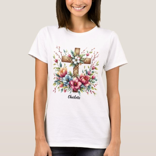 Christian Cross Encircled Artistic Spring Flowers T-Shirt (Front)