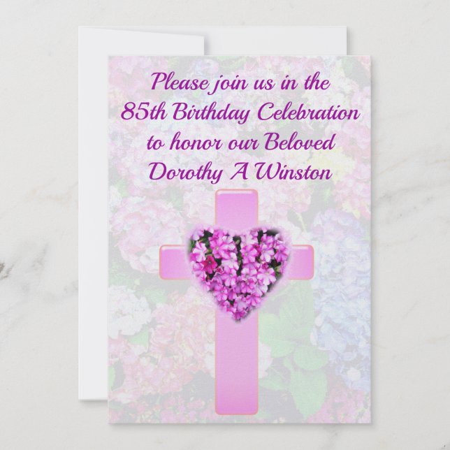 CHRISTIAN CROSS & FLORAL 85TH BIRTHDAY INVITATION (Front)