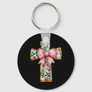 Christian Cross Floral Coquette Bow Pink Religious Key Ring