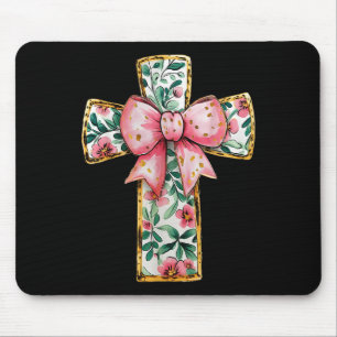 Christian Cross Floral Coquette Bow Pink Religious Mouse Mat