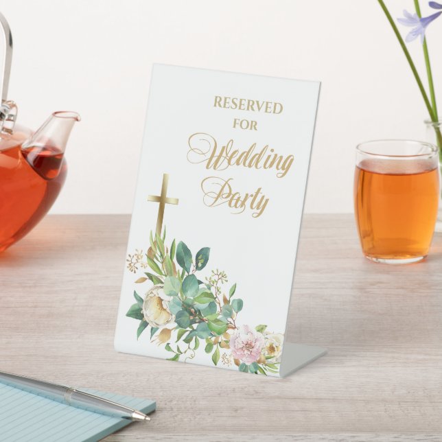 Christian Cross Floral Wedding Party Reserved Pedestal Sign (In SItu)