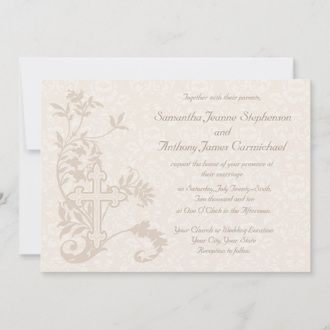 Christian Cross Flourish White Wedding Invitations (Front)
