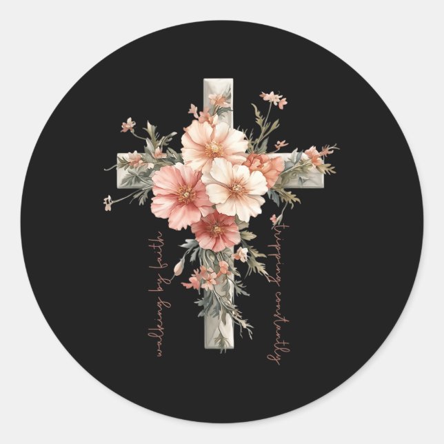 Christian Cross Flowers Walking By Faith Tripping  Classic Round Sticker (Front)