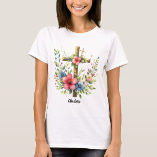 Christian Cross Framed by Artistic Floral Halo T-Shirt