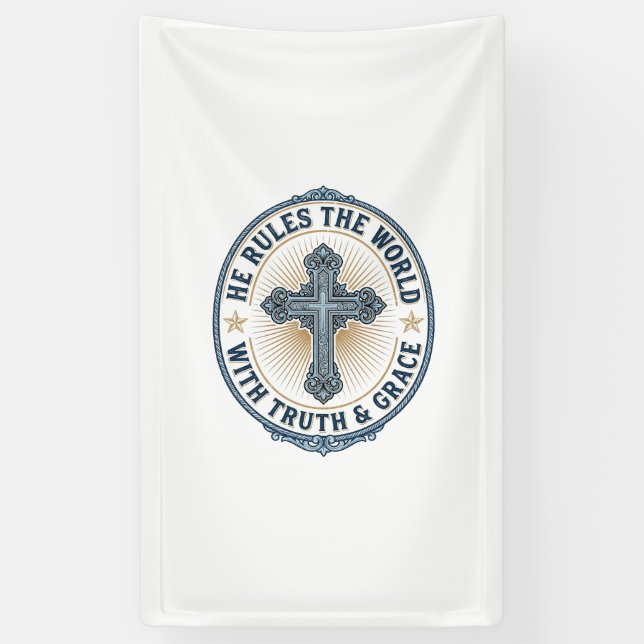 Christian Cross He Rules the World Banner (Vertical)