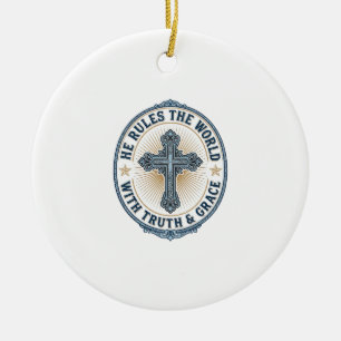 Christian Cross He Rules the World Ceramic Tree Decoration