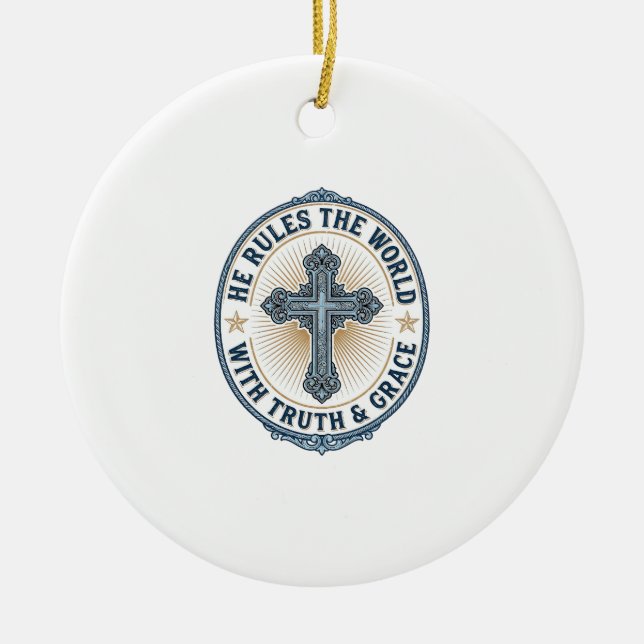 Christian Cross He Rules the World Ceramic Tree Decoration (Front)