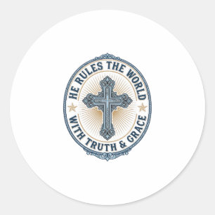 Christian Cross He Rules the World Classic Round Sticker