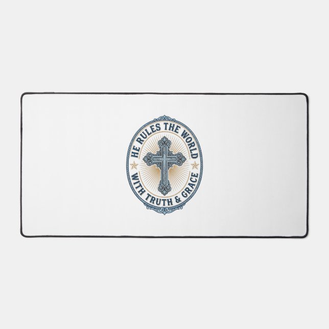 Christian Cross He Rules the World Desk Mat (Front)