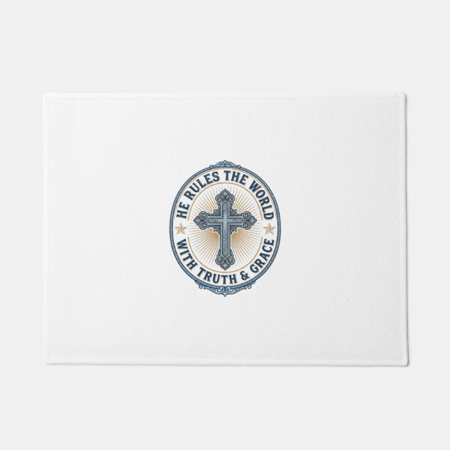 Christian Cross He Rules the World Doormat (Front)