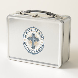 Christian Cross He Rules the World Metal Lunch Box