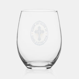 Christian Cross He Rules the World Stemless Wine Glass