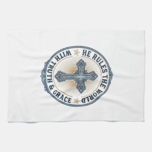 Christian Cross He Rules the World Tea Towel