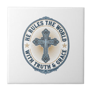 Christian Cross He Rules the World Tile