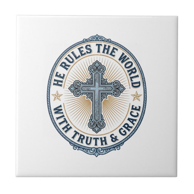 Christian Cross He Rules the World Tile (Front)