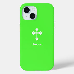 Christian Cross I Love Jesus Lime Green iPhone 15 Case