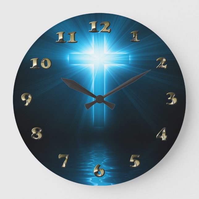 Christian Cross in Blue Light Large Clock (Front)