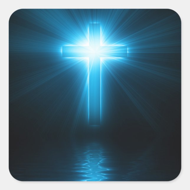 Christian Cross in Blue Light Square Sticker (Front)