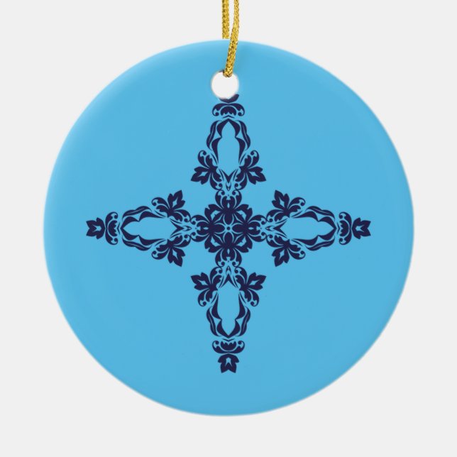Christian Cross In Celestial Blue Art Ceramic Tree Decoration (Front)