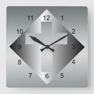 Christian Cross in Silver Colour Square Wall Clock
