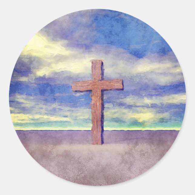 Christian Cross Landscape Classic Round Sticker (Front)