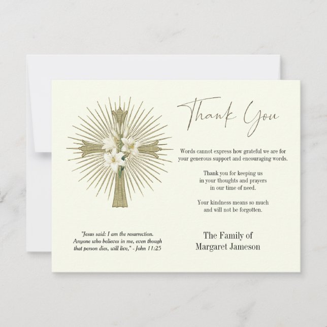 Christian Cross Lilies Funeral Condolence Sympathy Thank You Card (Front)