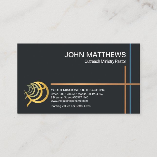 Christian Cross Lines Gold Ichthus Church Ministry Business Card (Front)