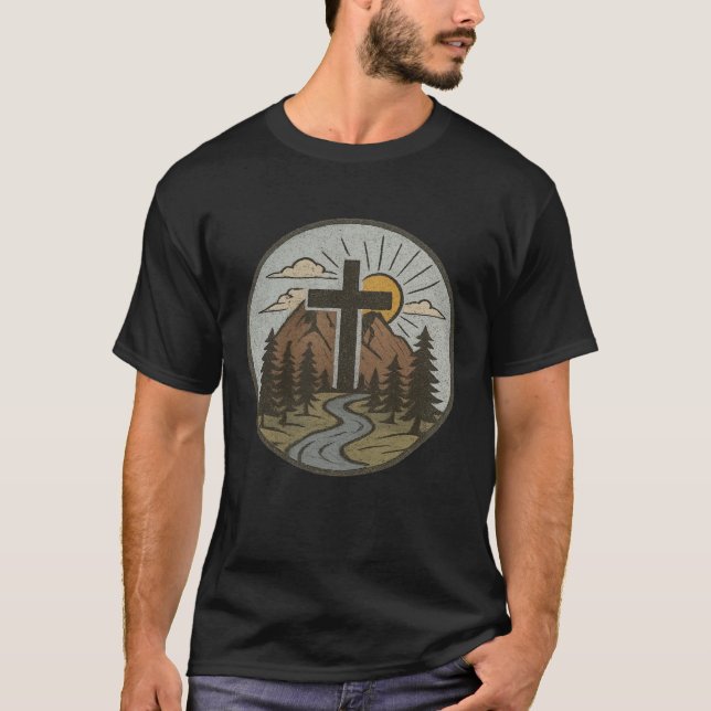 Christian Cross Mountains River Sunrise Faith-Insp T-Shirt (Front)