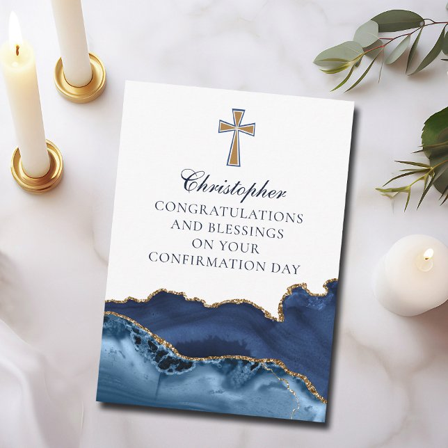 Christian Cross Navy Blue Gold Congratulations Card (Creator Uploaded)