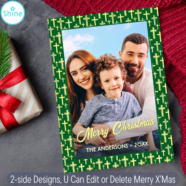 Christian Cross Photo Elegant Script Christmas Holiday Card (Creator Uploaded)
