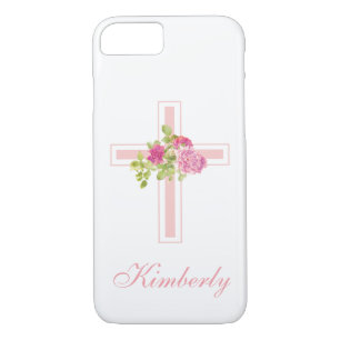 Christian Cross Pink Roses Floral Monogrammed iPhone 8/7 Case