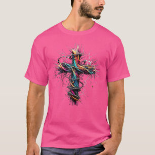 Christian Cross Punk Art Style Crown Thorns Distre T-Shirt