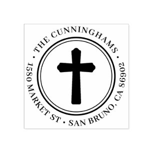 Christian Cross Round Family Name & Return Address Rubber Stamp