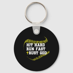 Christian Cross Softball Hit Hard Run Fast Trust Key Ring