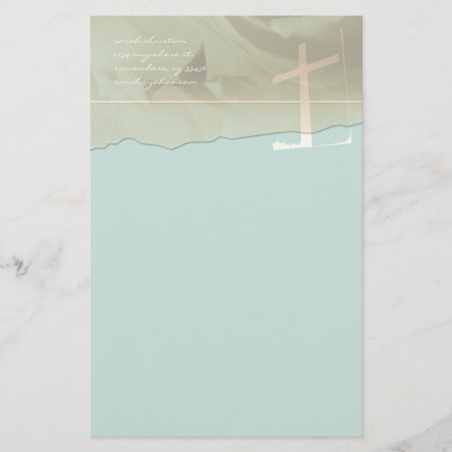 Christian Cross Stationery Rose On Aqua Blue (Front)