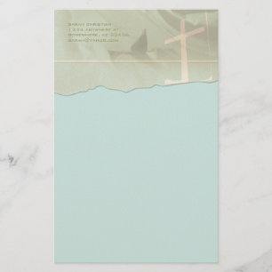 Christian Cross Stationery Torn Edge On Aqua Blue