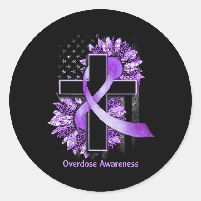 Christian Cross Sunflower Overdose Awareness  Classic Round Sticker (Front)