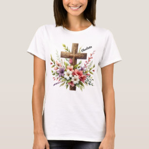 Christian Cross Surrounded by Beautiful Floral Art T-Shirt
