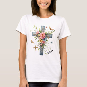 Christian Cross Surrounded Delicate Spring Blossom T-Shirt