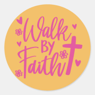 Christian Cross Walk by Faith Yellow Pink Classic Round Sticker