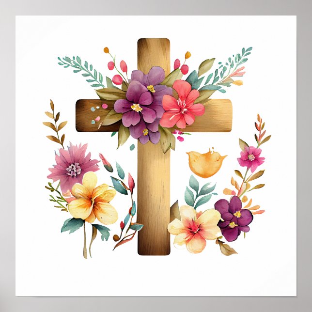 Christian Cross & Watercolor Flowers Poster (Front)