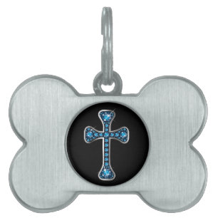 Christian Cross with "Aquamarine" Stones Pet Name Tag
